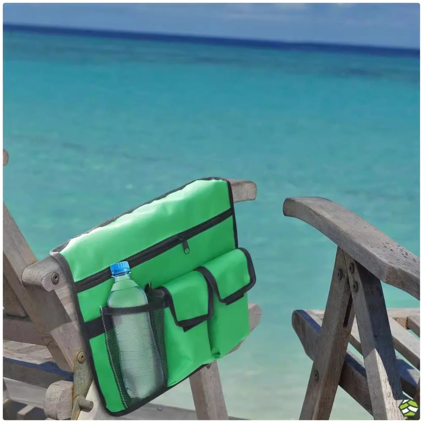 Beach Chair Hanging Organizer - Water-Resistant Green Storage Pouch with Multiple Pockets for Drinks, Phones & Accessories