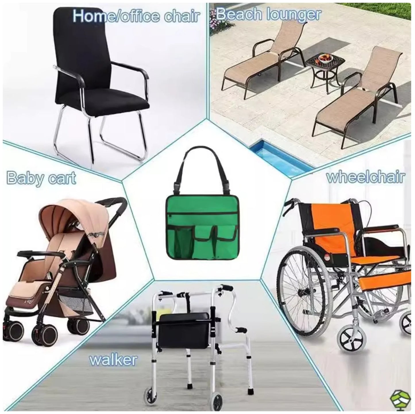 Beach Chair Hanging Organizer - Water-Resistant Green Storage Pouch with Multiple Pockets for Drinks, Phones & Accessories