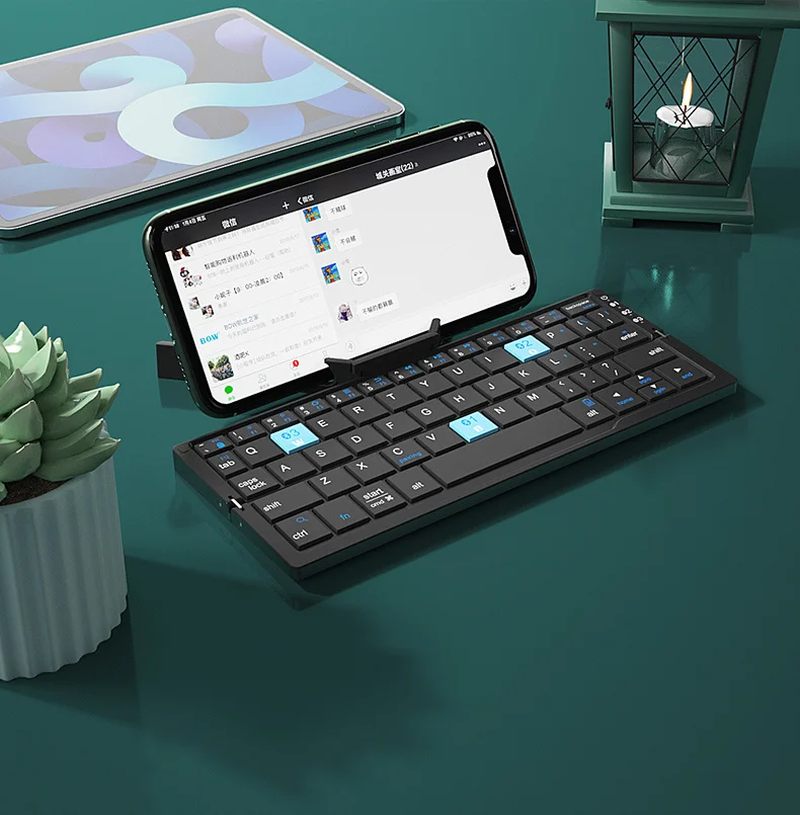 Teclado Bluetooth plegable Jomaa, teclado recargable, mini teclado inalámbrico plegable, teclado de aluminio con soporte para teléfono