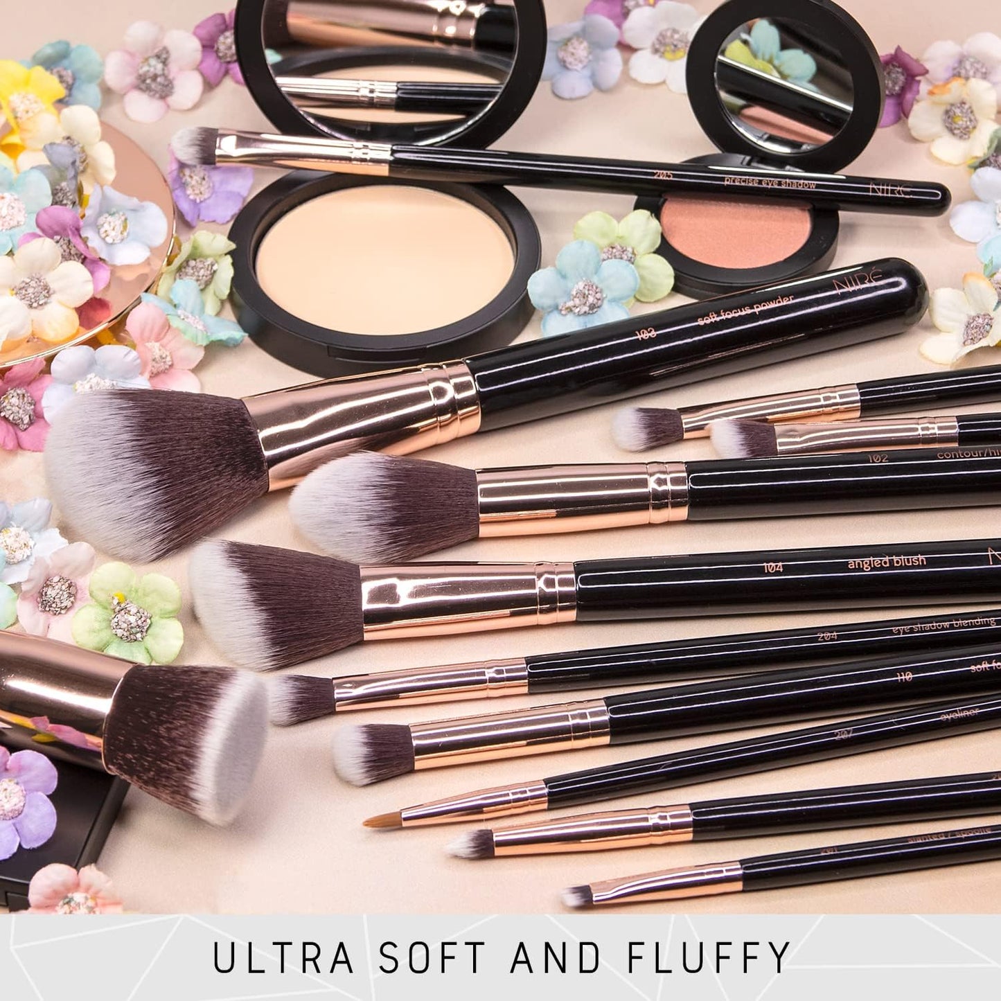 Niré Beauty Set De Brochas De Maquillaje Profesional De 15 Piezas : Brochas Y Pinceles De Maquillaje, Estuche, Esponja, Limpiador, Guía, Caja De Regalo