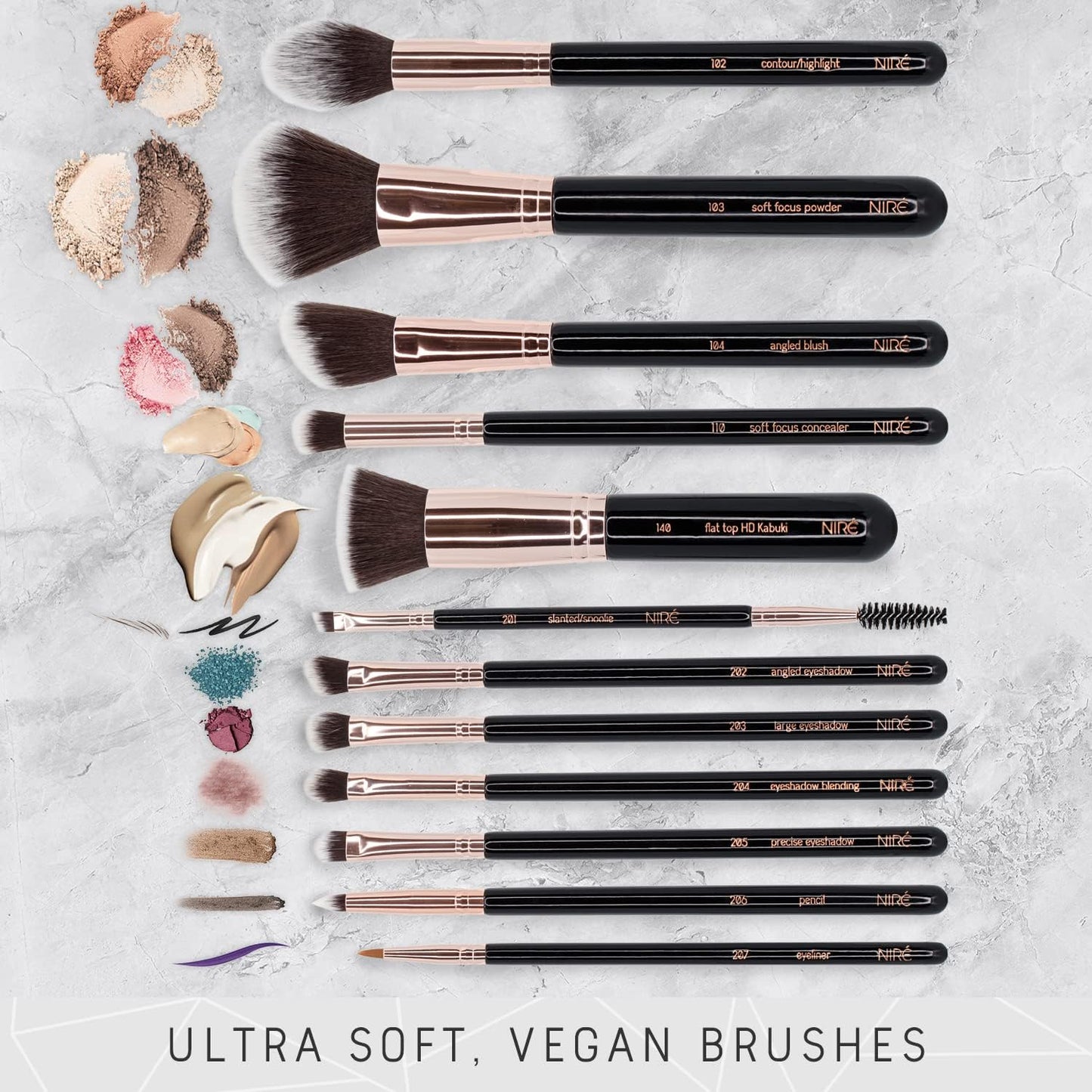 Niré Beauty Set De Brochas De Maquillaje Profesional De 15 Piezas : Brochas Y Pinceles De Maquillaje, Estuche, Esponja, Limpiador, Guía, Caja De Regalo