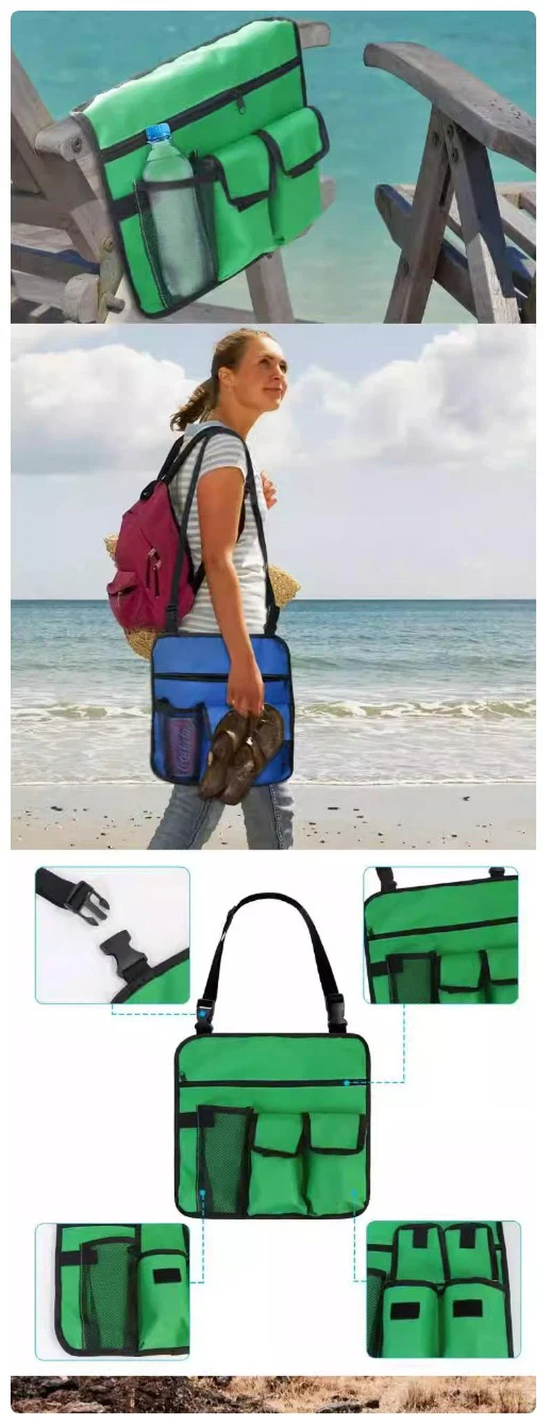 Beach Chair Hanging Organizer - Water-Resistant Green Storage Pouch with Multiple Pockets for Drinks, Phones & Accessories