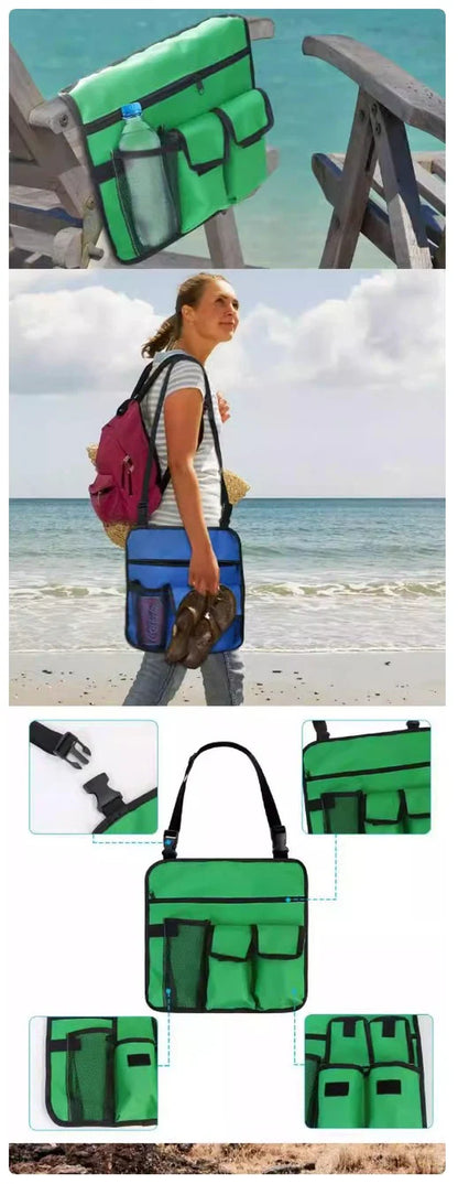 Beach Chair Hanging Organizer - Water-Resistant Green Storage Pouch with Multiple Pockets for Drinks, Phones & Accessories