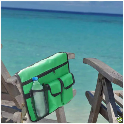 Beach Chair Hanging Organizer - Water-Resistant Green Storage Pouch with Multiple Pockets for Drinks, Phones & Accessories