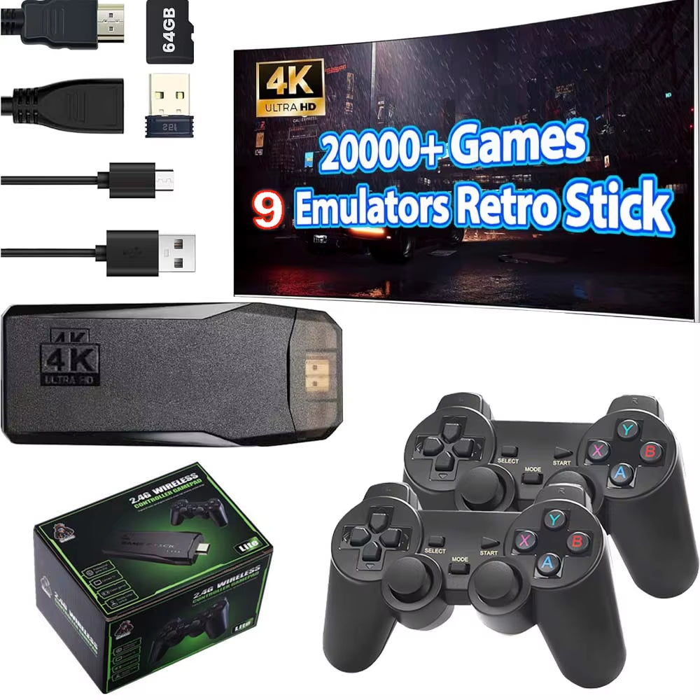 Wireless Retro Game Console Stick Built-In 20000+ Classic Games 4K HDMI 9 Emulators with 2.4G Controller Video Gaming Sticks