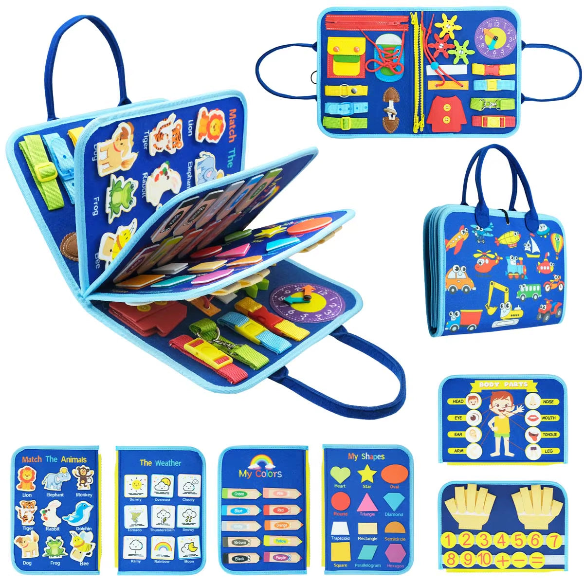 Toddlers Travel Busy Board for Boys Girls Montessori Toys for 2+ Year Old Preschool Learning Life Skill, Alphabet, Number, Shape