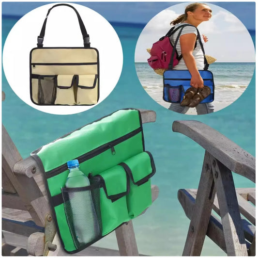Beach Chair Hanging Organizer - Water-Resistant Green Storage Pouch with Multiple Pockets for Drinks, Phones & Accessories