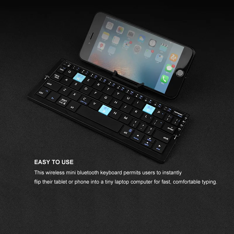 Teclado Bluetooth plegable Jomaa, teclado recargable, mini teclado inalámbrico plegable, teclado de aluminio con soporte para teléfono