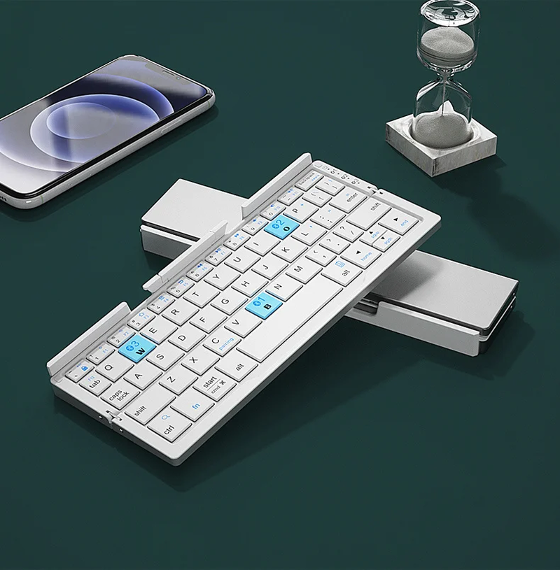 Teclado Bluetooth plegable Jomaa, teclado recargable, mini teclado inalámbrico plegable, teclado de aluminio con soporte para teléfono
