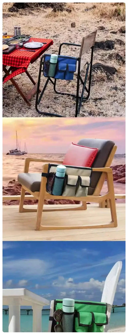 Beach Chair Hanging Organizer - Water-Resistant Green Storage Pouch with Multiple Pockets for Drinks, Phones & Accessories