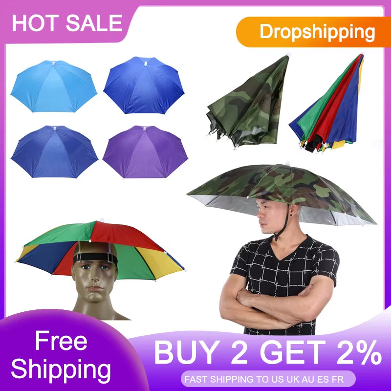 Portable Rain Umbrella Hat Army Green Foldable Outdoor Pesca Sun Shade Waterproof Camping Fishing Headwear Cap Beach Head Hats